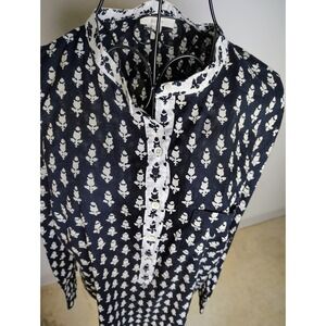 J.Crew Long Sleeve Thistle Print Popover Top Black and White Cotton Size 10